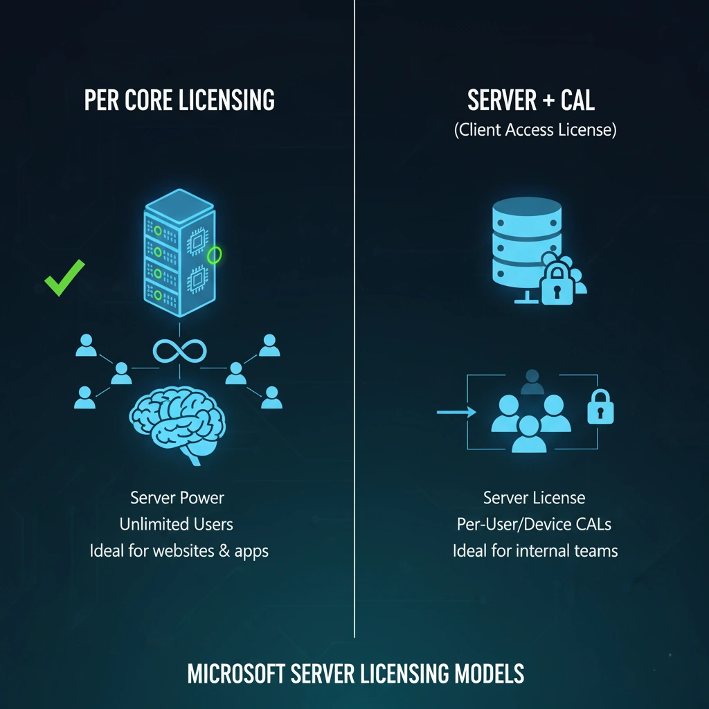 مقایسه SQL Server با Windows Server ینفوگرافیک تفاوت لایسنسهای مایکروسافت بر اساس هسته (Core) و کاربر (CAL)