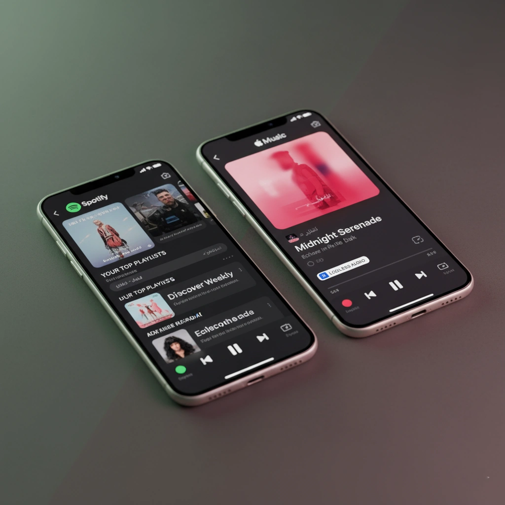 تفاوت اسپاتیفای با اپل موزیک چیست؟ تصویر مقایسه رابط کاربری اپلیکیشن موبایل اسپاتیفای (تم تیره) و اپل موزیک (تم روشن)