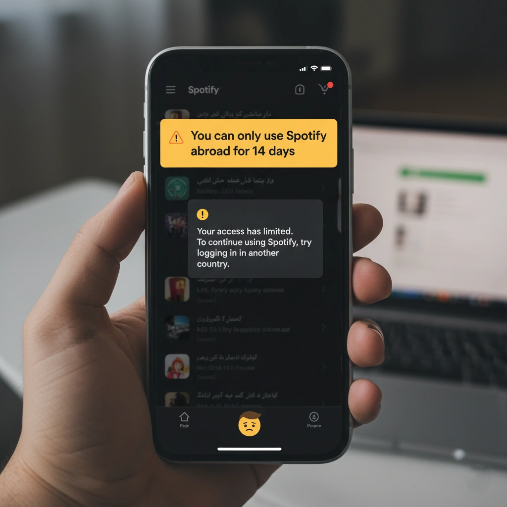تفاوت اسپاتیفای رایگان با پریمیوم پیام خطای محدودیت ۱۴ روزه اسپاتیفای برای کاربران خارج از کشور اصلی اکانت