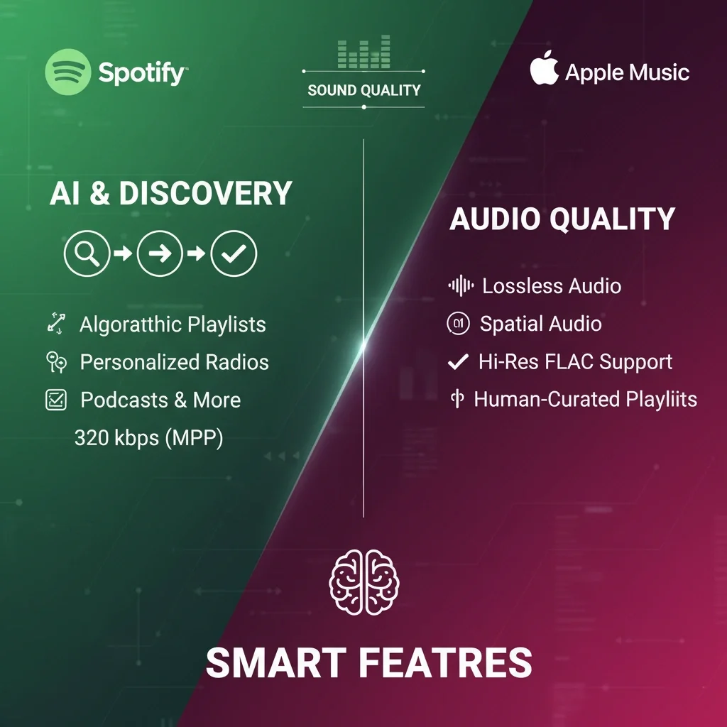 تفاوت اسپاتیفای با اپل موزیک چیست؟ اینفوگرافیک مقایسه کیفیت صدا (Lossless) و قابلیتهای هوش مصنوعی اسپاتیفای و اپل موزیک