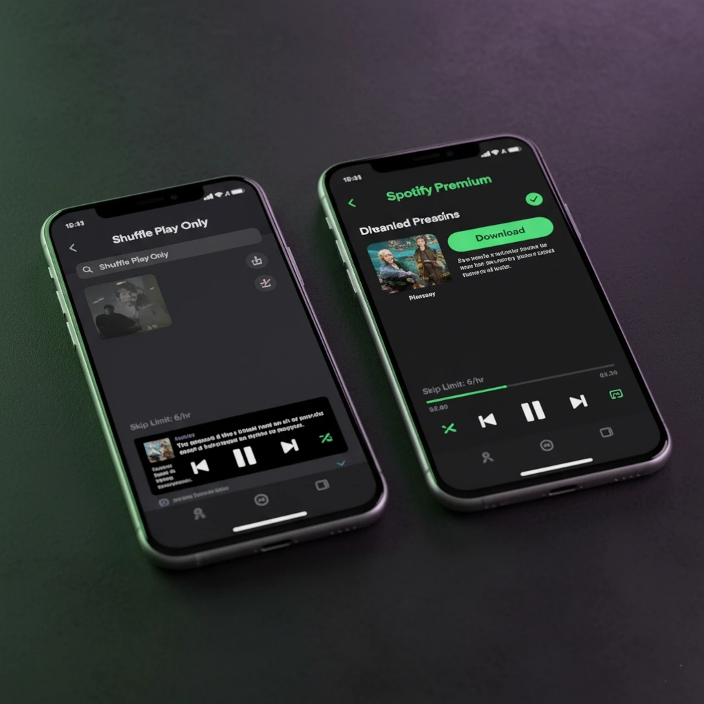 تفاوت اسپاتیفای رایگان با پریمیوم مقایسه رابط کاربری نسخه رایگان (Shuffle Only) و پریمیوم (Full Control) اسپاتیفای