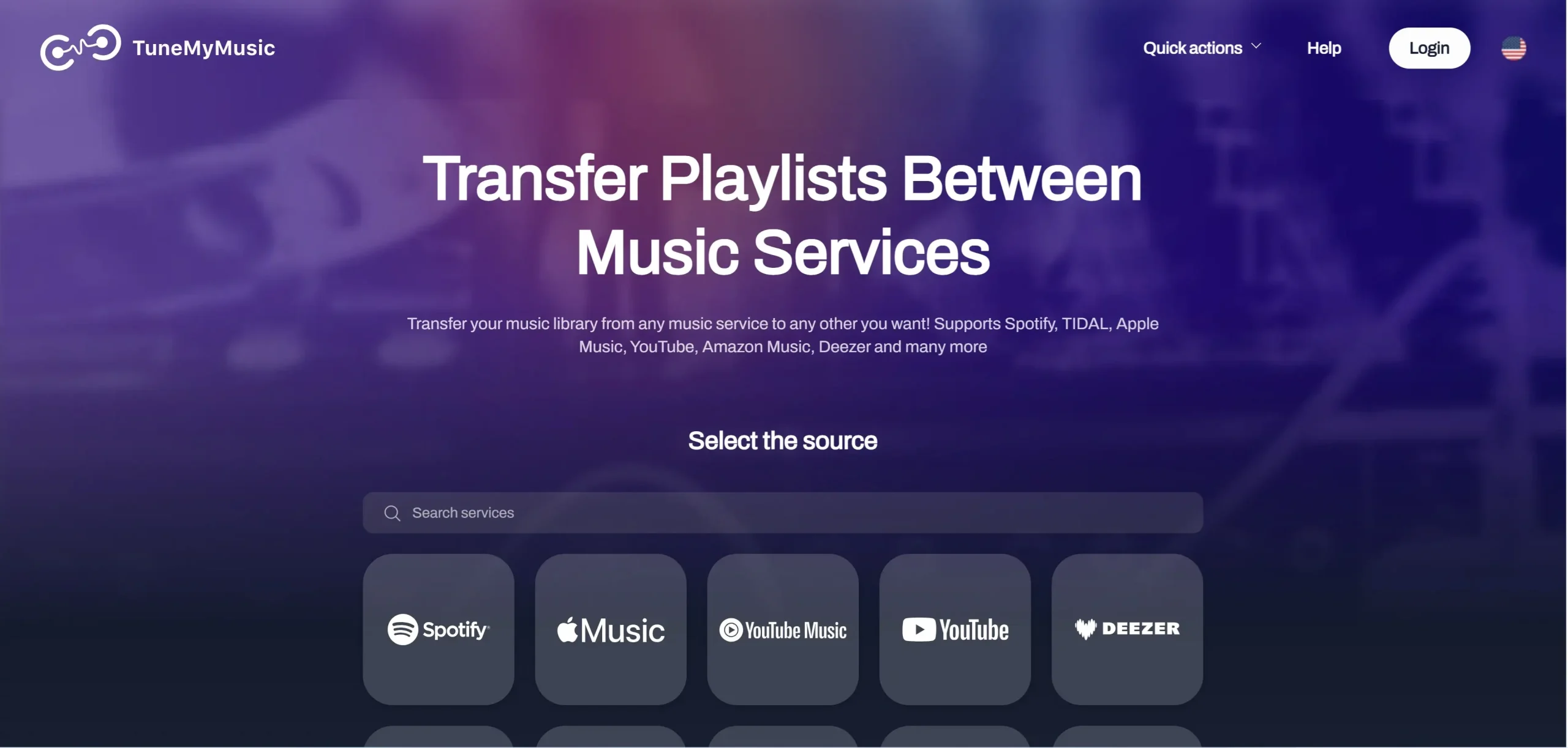 آموزش انتقال پلیلیست اسپاتیفای به اکانت جدید صفحه اصلی سایت TuneMyMusic برای انتخاب اسپاتیفای به عنوان مبدأ و مقصد انتقال پلی لیست