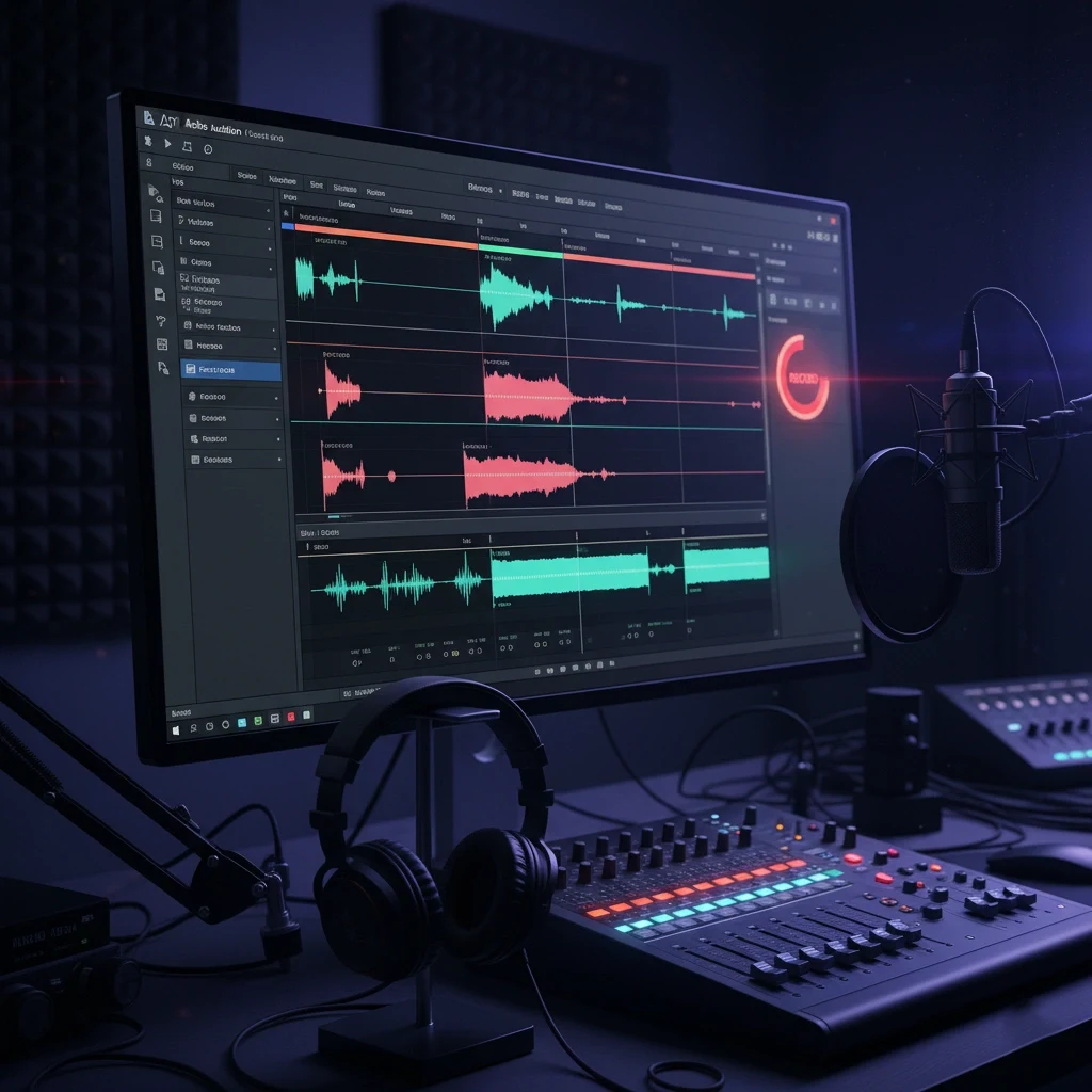 اکانت ادوبی آدیشن نمای رابط کاربری ادوبی آدیشن با نمودار امواج صوتی و میکروفون